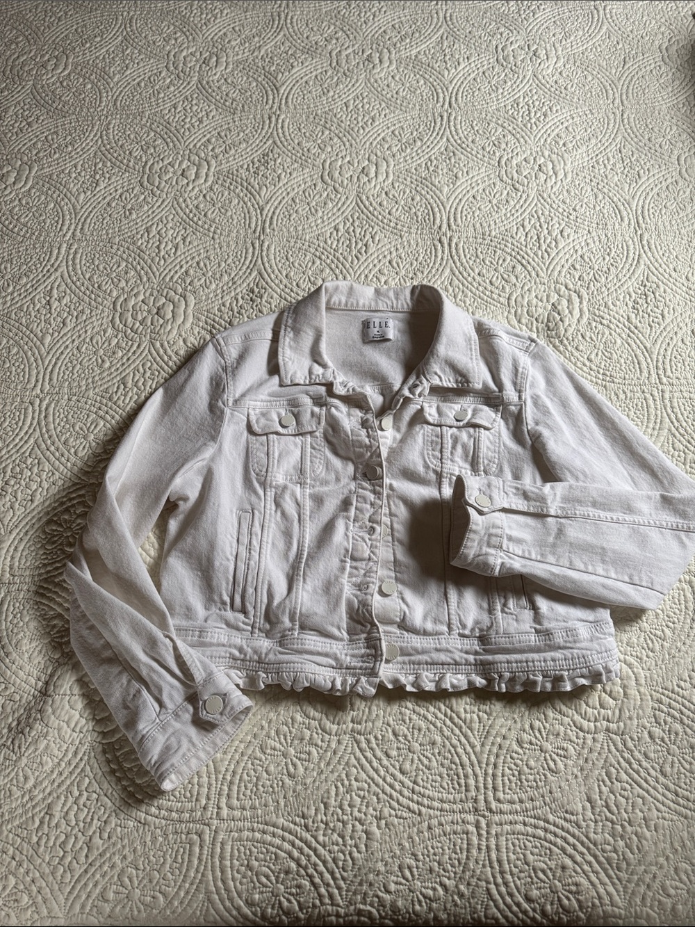 Elle White Ruffle-Hem Denim Jacket